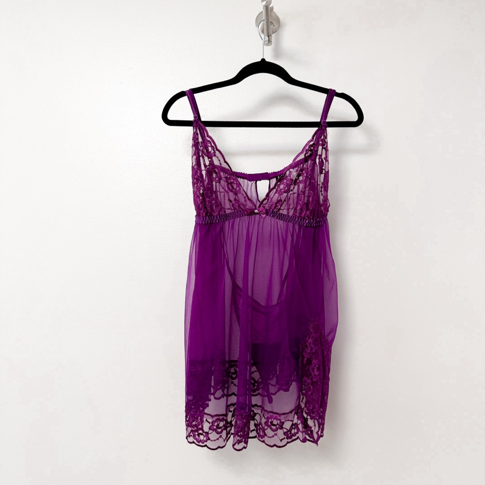 Fredericks‎ of Hollywood Lace Baby Doll Slip Lingerie Set in Purple 3X